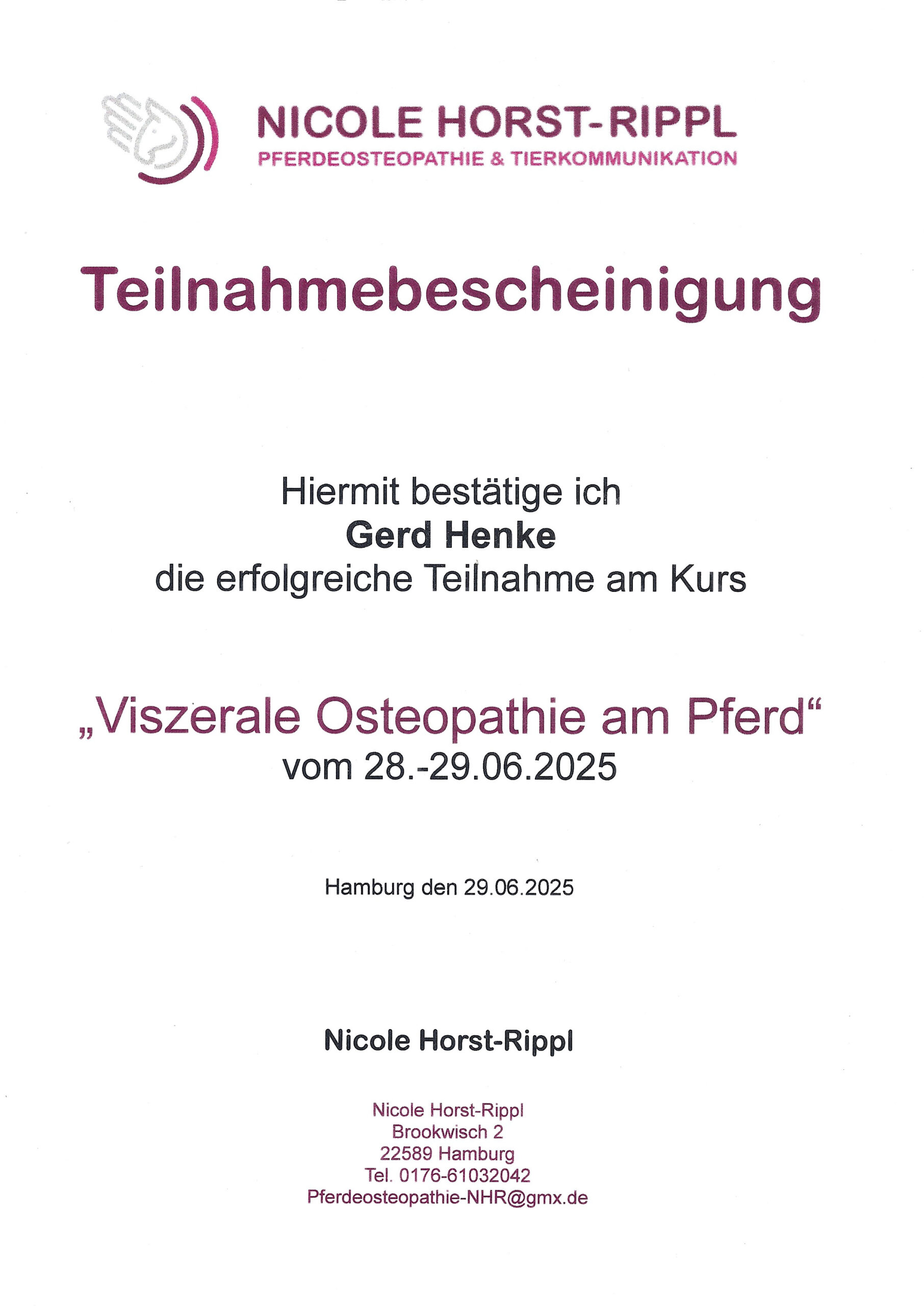 Bescheinigung Viszerale Osteopathie am Pferd Osteopathische Behandlungstechnik - Jones Techniken
