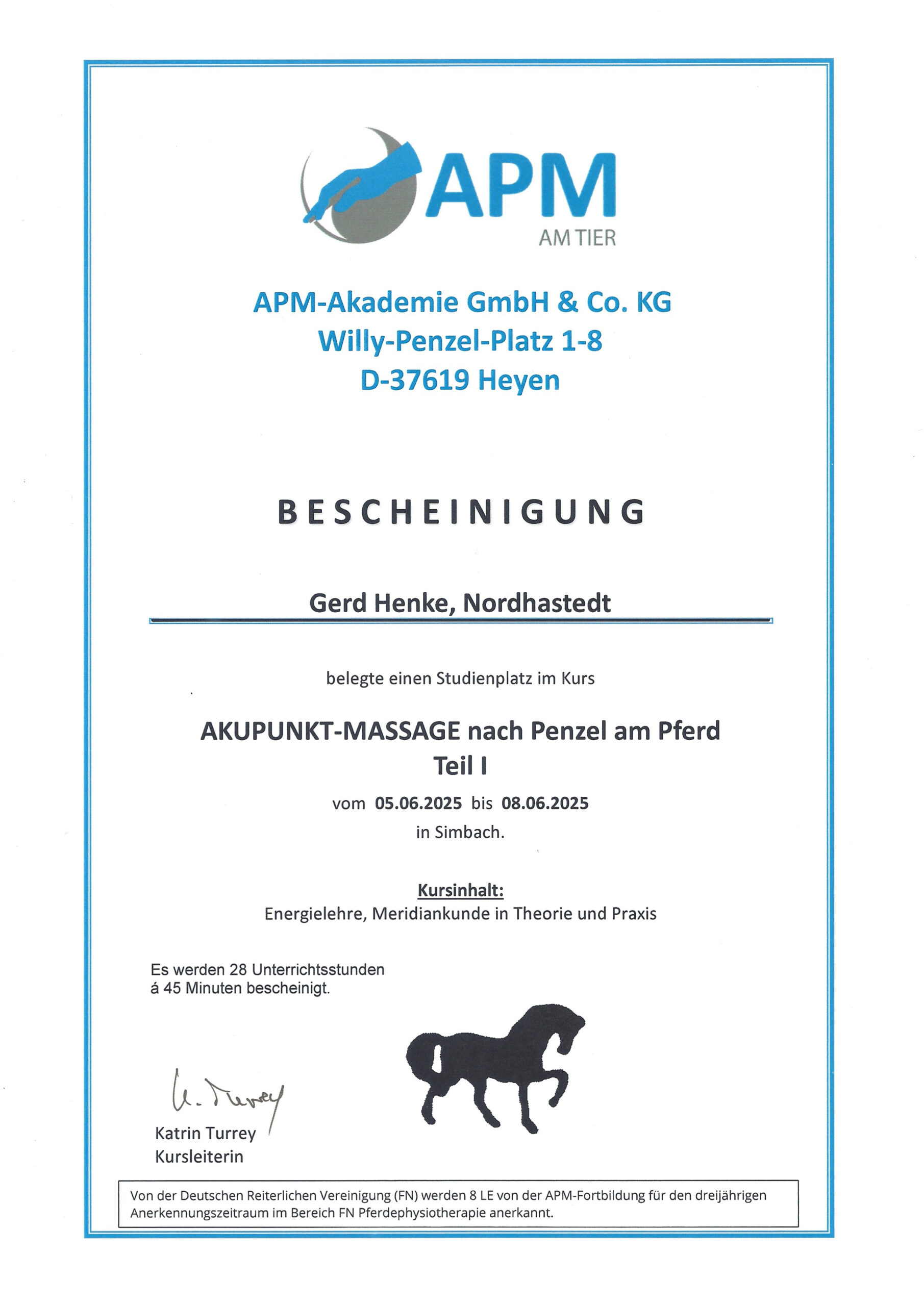 Bescheinung Akupunkt-Massage Teil 1 Dornmethode für Pferde