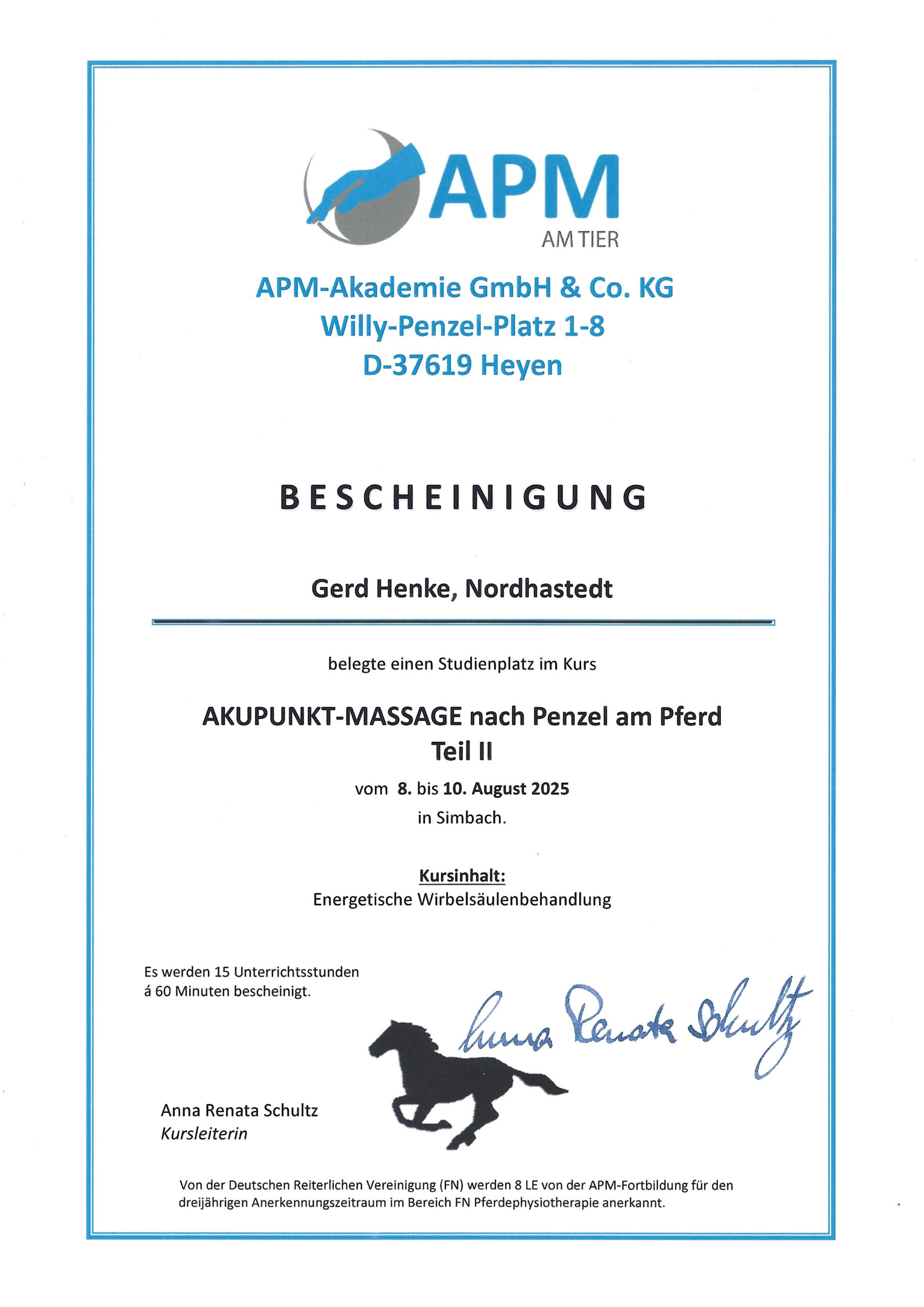 Bescheinung Akupunkt-Massage Teil 2 Sure Foot Equine Stability Program, Teil 2
