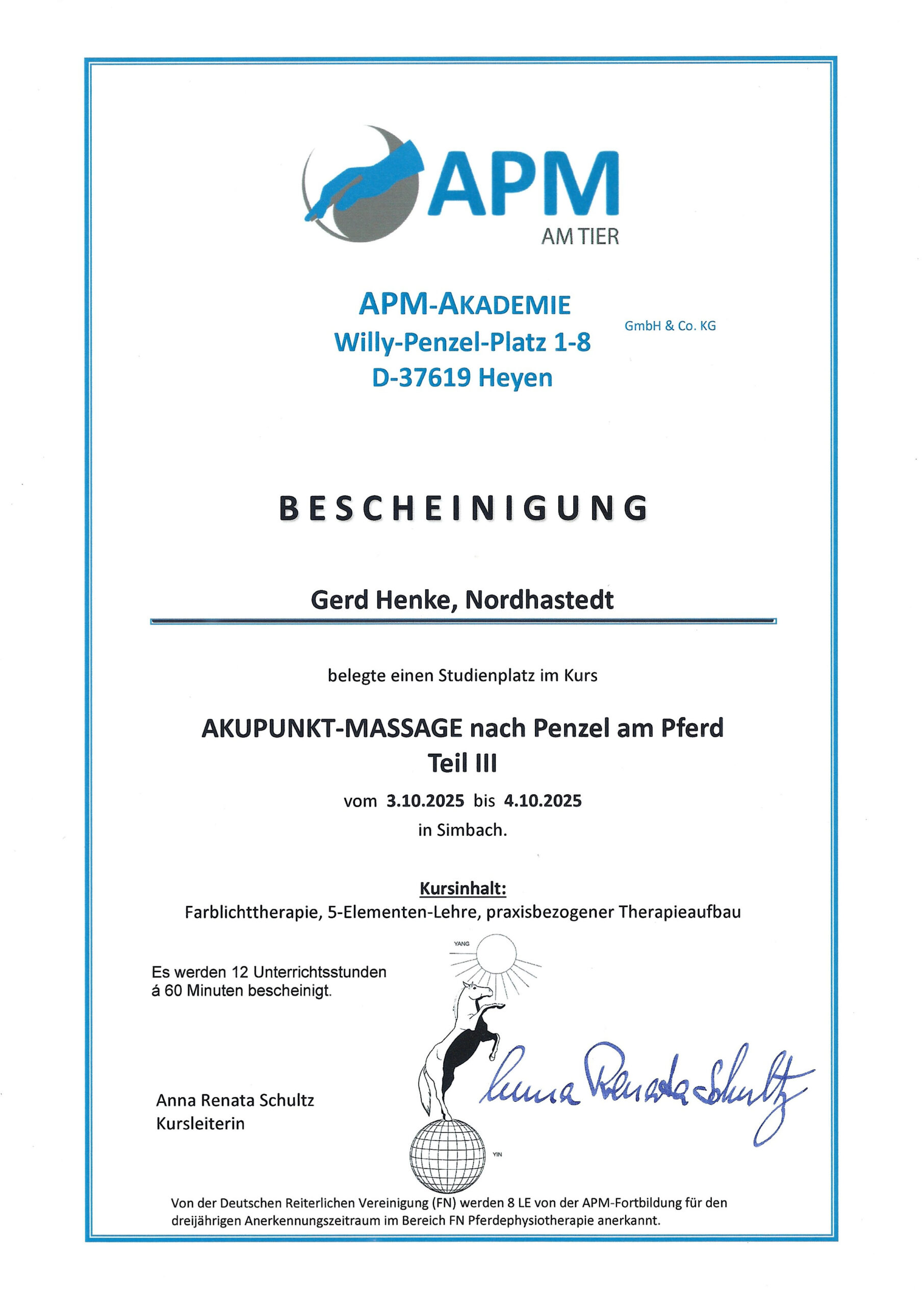 Bescheinung Akupunkt-Massage Teil 3 Sure Foot Equine Stability Program, Teil 1