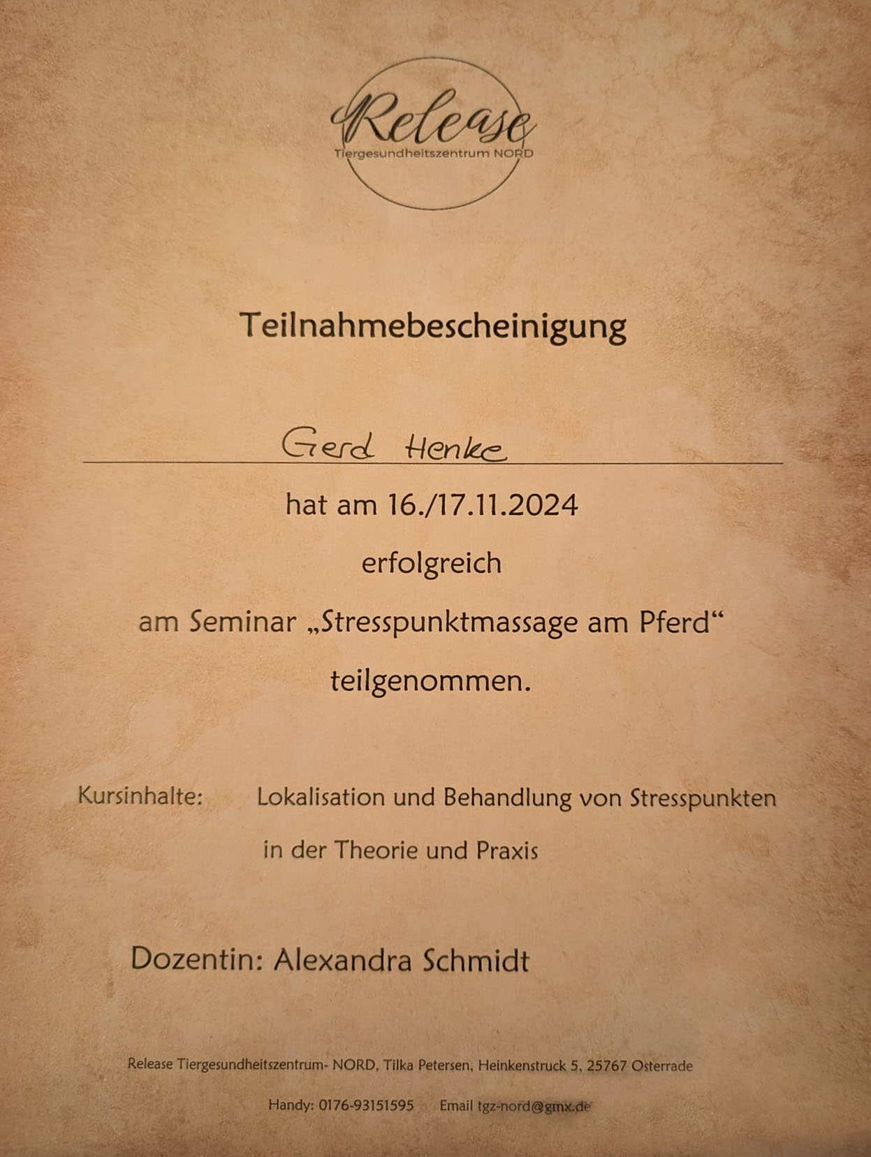 Teilnahmebescheinigung Stresspunktmassage am Pferd Foto